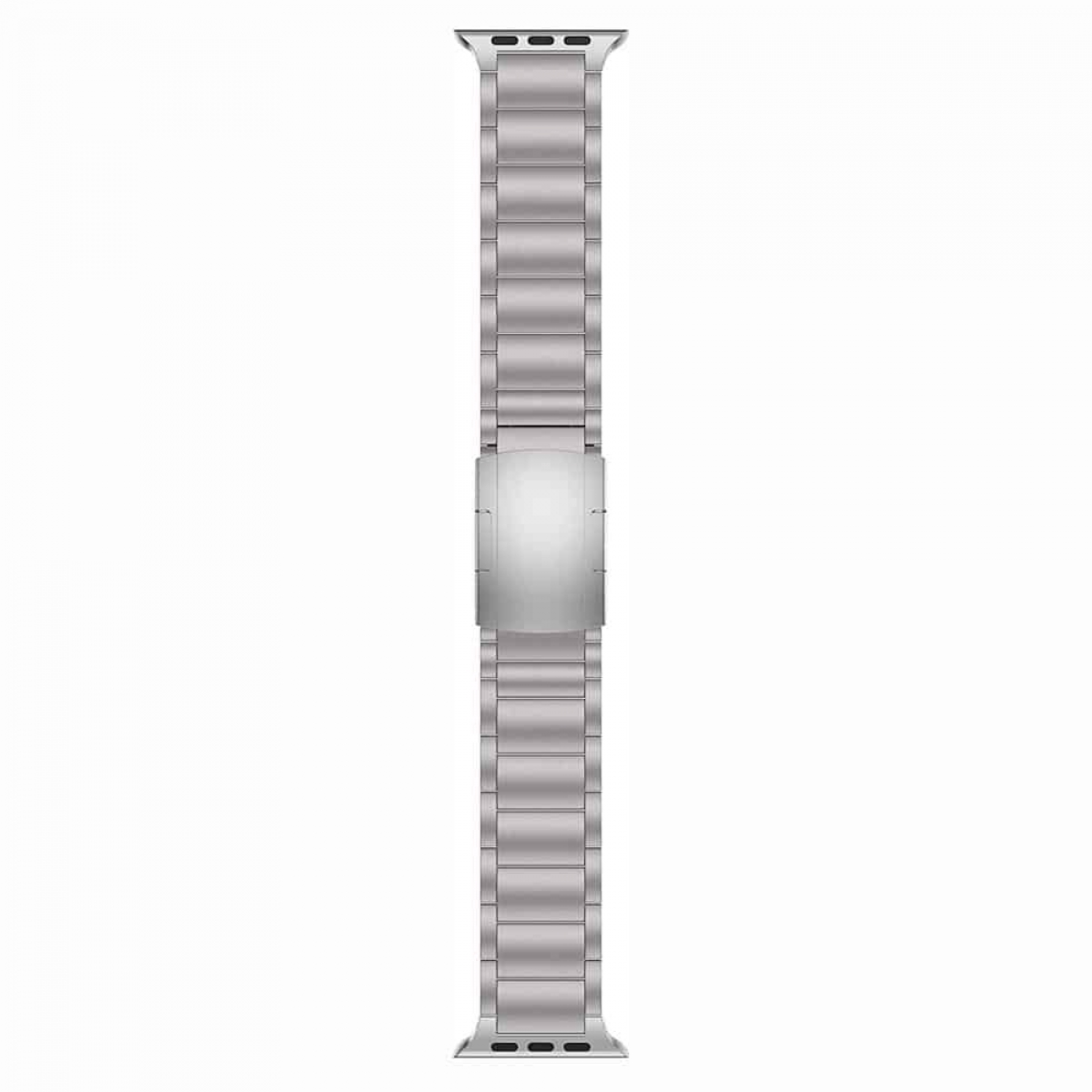 Ein silbernes Metall-Uhrenarmband, vertikal angeordnet. Das Armband besteht aus kleinen rechteckigen Gliedern und einem rechteckigen Verschluss.