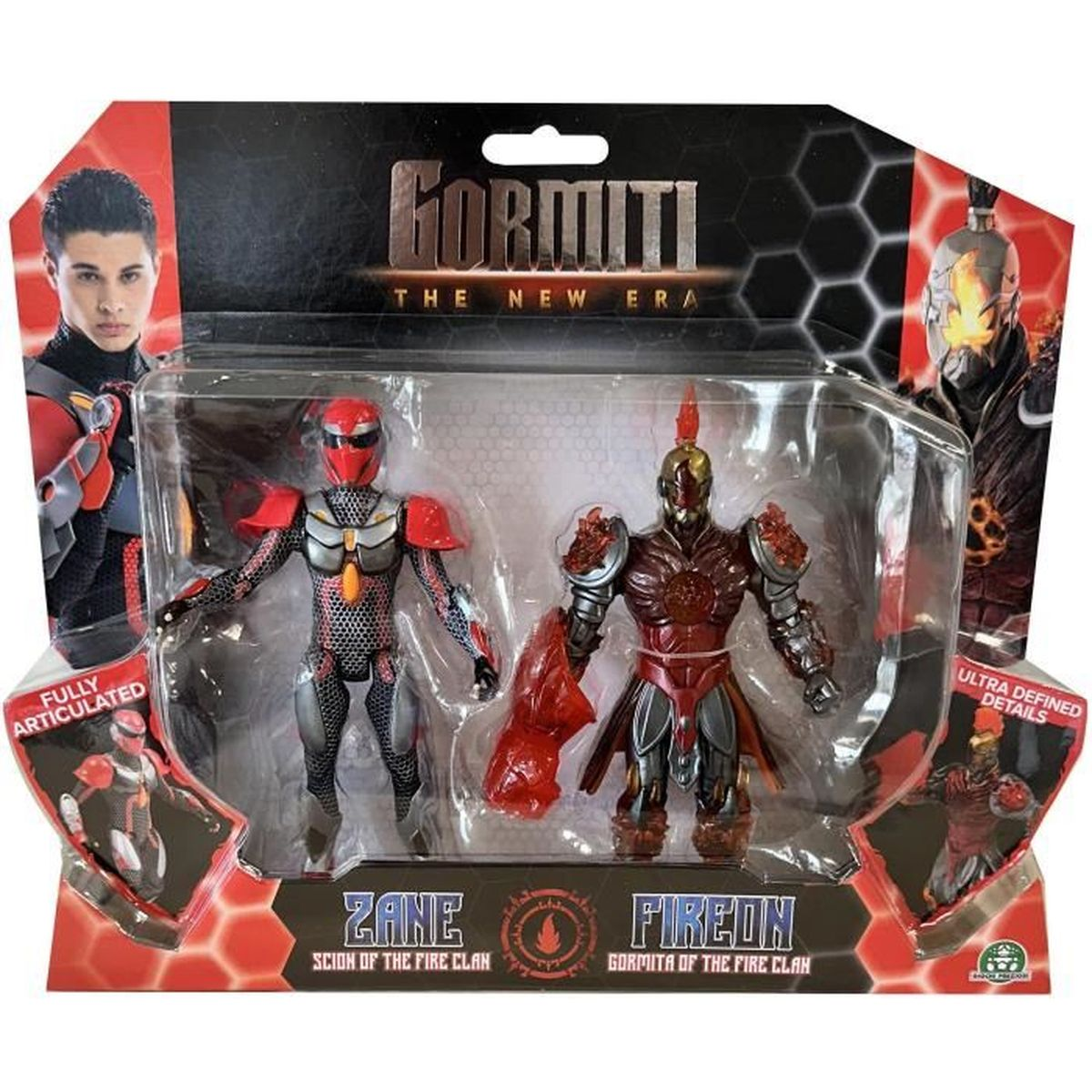 Ein Gormiti-Spielzeugset. Zwei Actionfiguren, Zane und Fireon, in einer Blisterpackung. Enthält Bilder von Charakteren und Text.