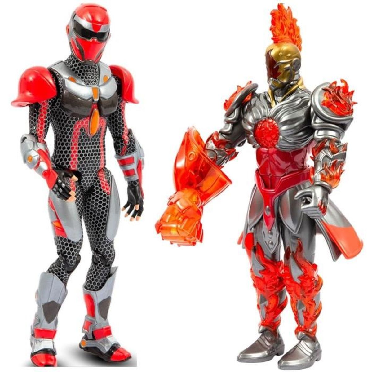 Zwei Superhelden-Actionfiguren. Eine in Rot und Silber mit Helm. Die andere in roter und silberner Rüstung, mit einer großen orangefarbenen Faust.