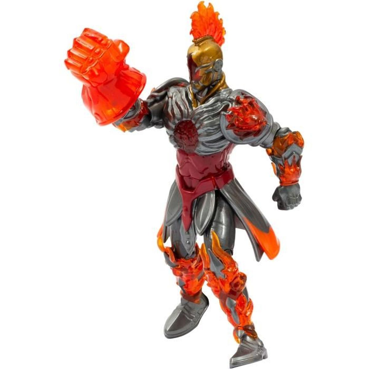 Eine Spielfigur eines Kriegers mit orangefarbenen Flammen und einem goldenen Helm. Er hat eine Rüstung und eine große Faust. Die Figur ist in Aktion.