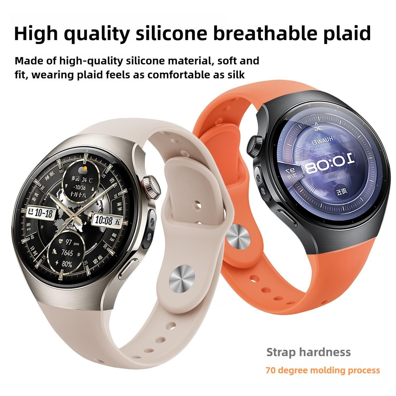 Zwei Smartwatches mit Silikonarmbändern. Eine beige, eine orangefarbene. Details der Zifferblätter mit Zeit- und Gesundheitsdaten sind sichtbar.