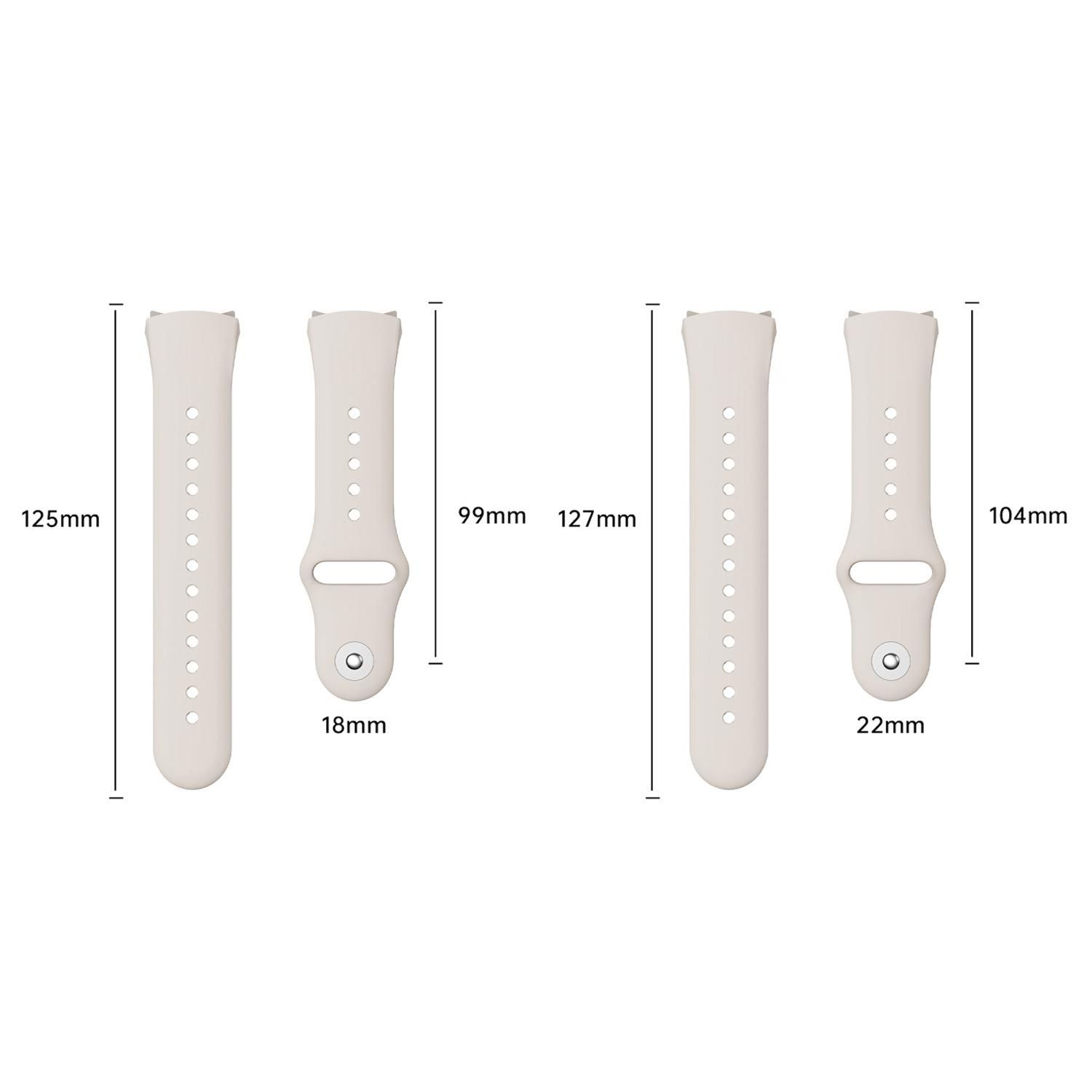 Zwei Paare cremefarbener Uhrenarmbänder mit Größenangaben: 125 mm, 99 mm, 127 mm und 104 mm. Die Breite beträgt 18 mm und 22 mm.