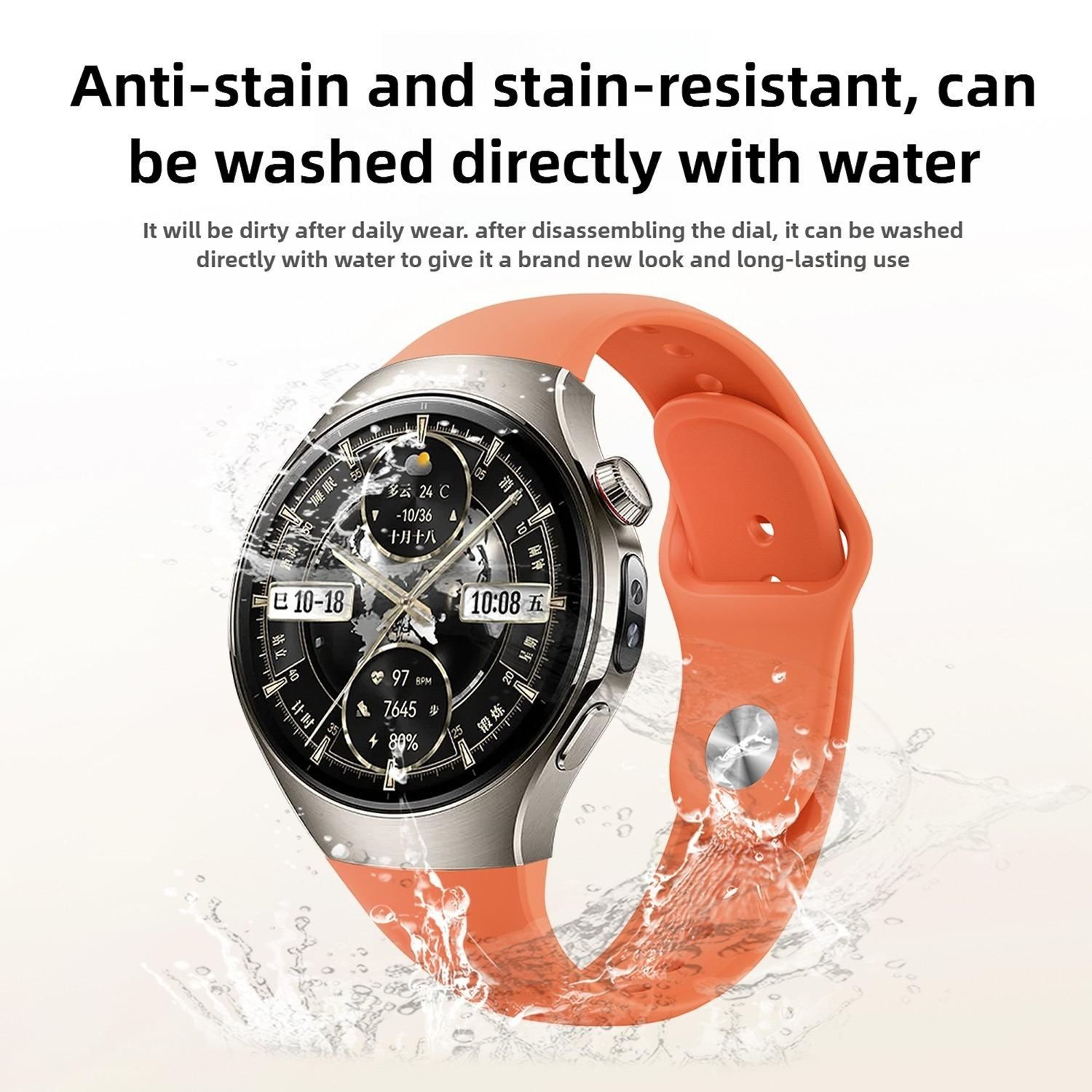 Eine Smartwatch mit orangefarbenem Armband. Das Zifferblatt zeigt Zeit und Gesundheitsmetriken an. Wassertropfen sind sichtbar.