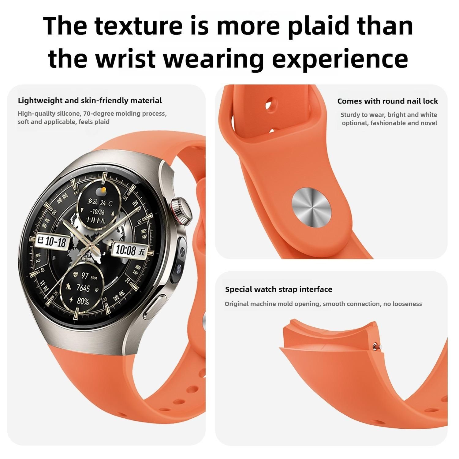 Eine Smartwatch mit orangefarbenem Armband, Nahaufnahmen des Armbands und Details des Zifferblatts. Text hebt Funktionen hervor.