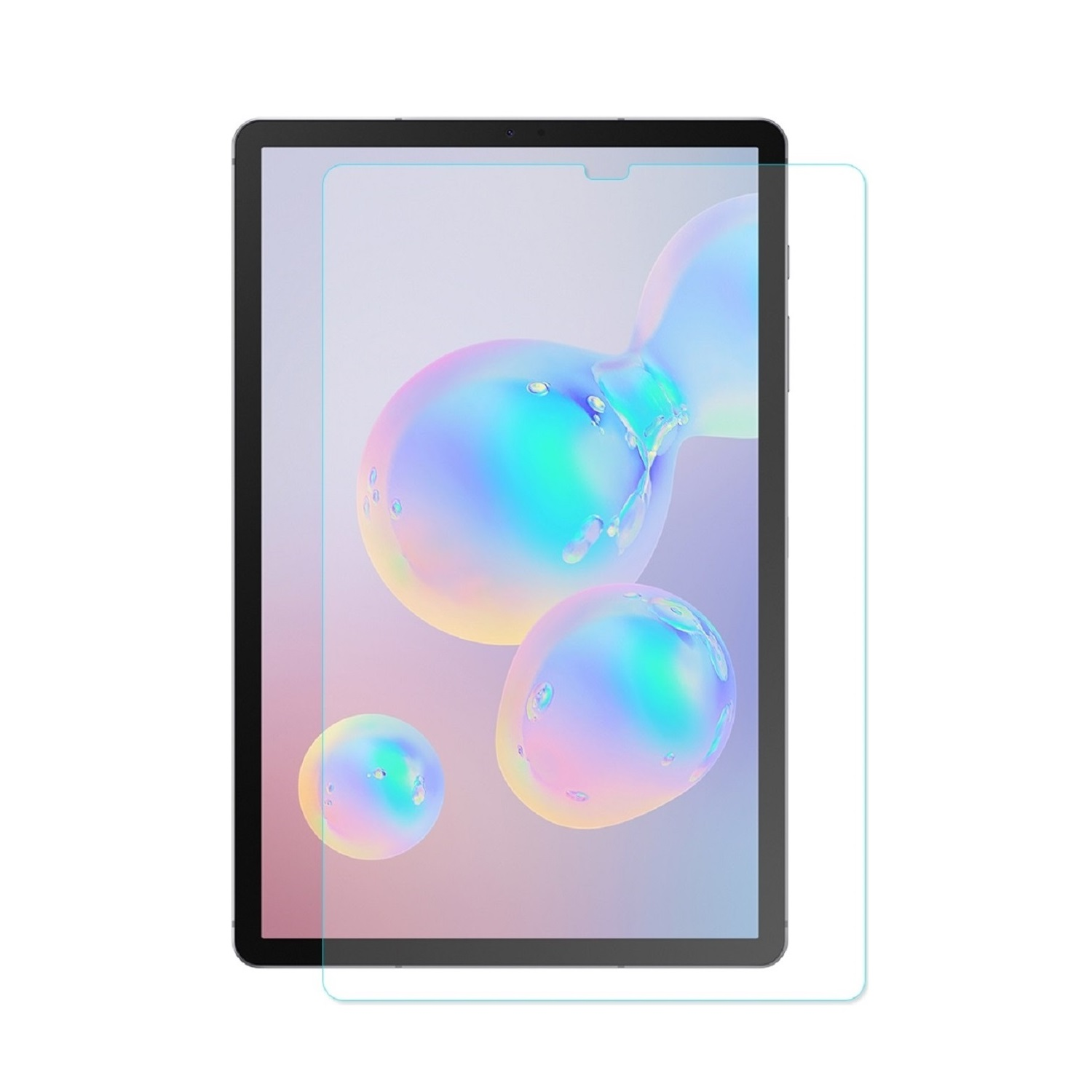 Ein Tablet mit Displayschutzfolie. Auf dem Bildschirm befinden sich schillernde Kugeln. Der Schutz ist leicht versetzt.