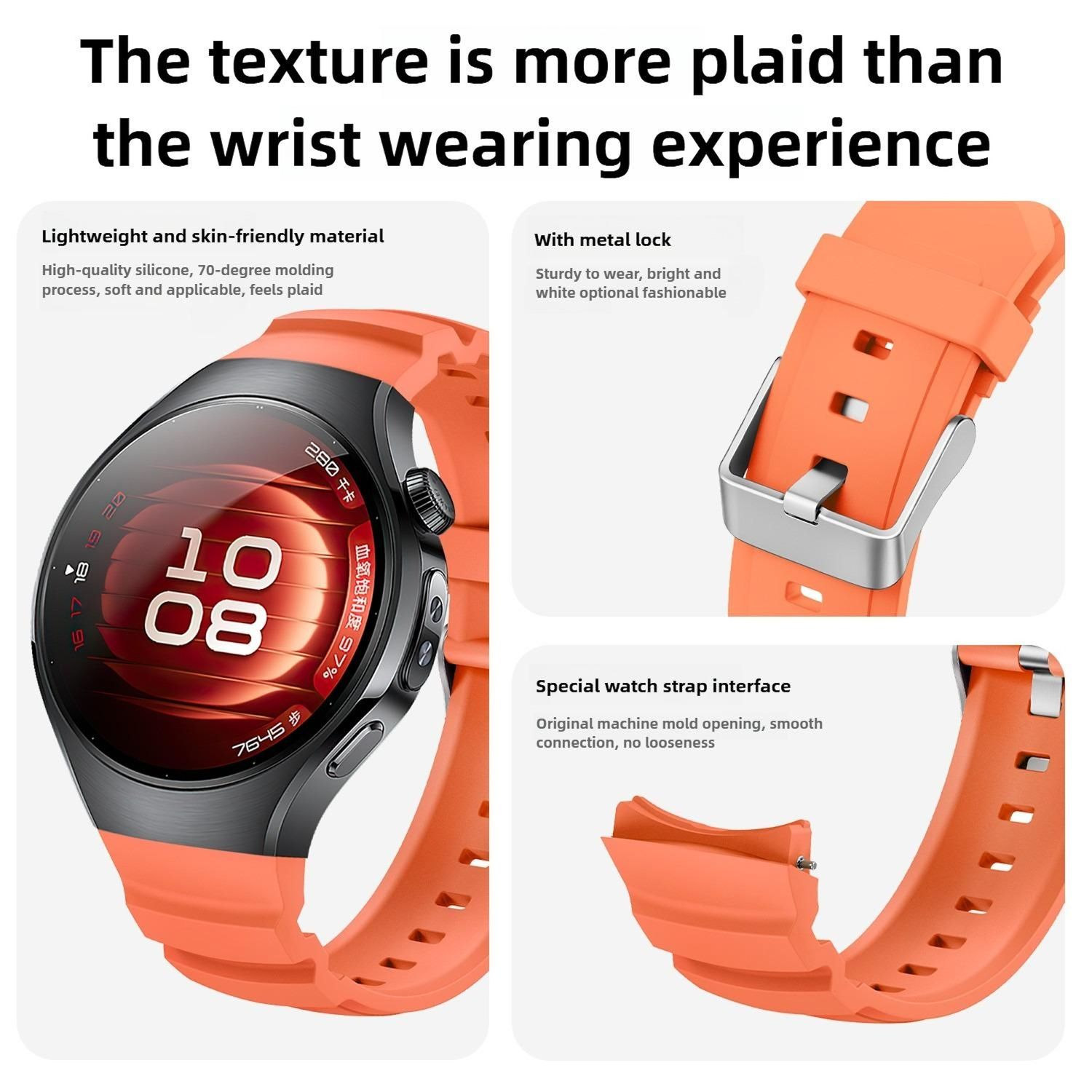 Eine orangefarbene Smartwatch mit schwarzer Lünette. Details umfassen Armband, Verschluss und Zifferblatt mit Uhrzeit.