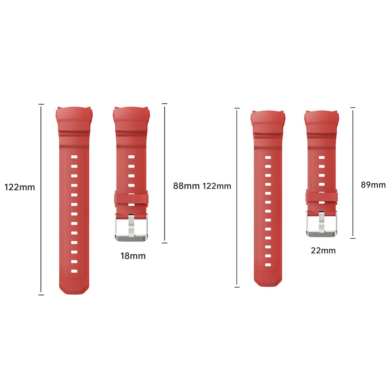Zwei Paare roter Uhrenarmbänder mit Maßangaben. Ein Paar ist 18 mm, das andere 22 mm breit. Maße sind in mm.