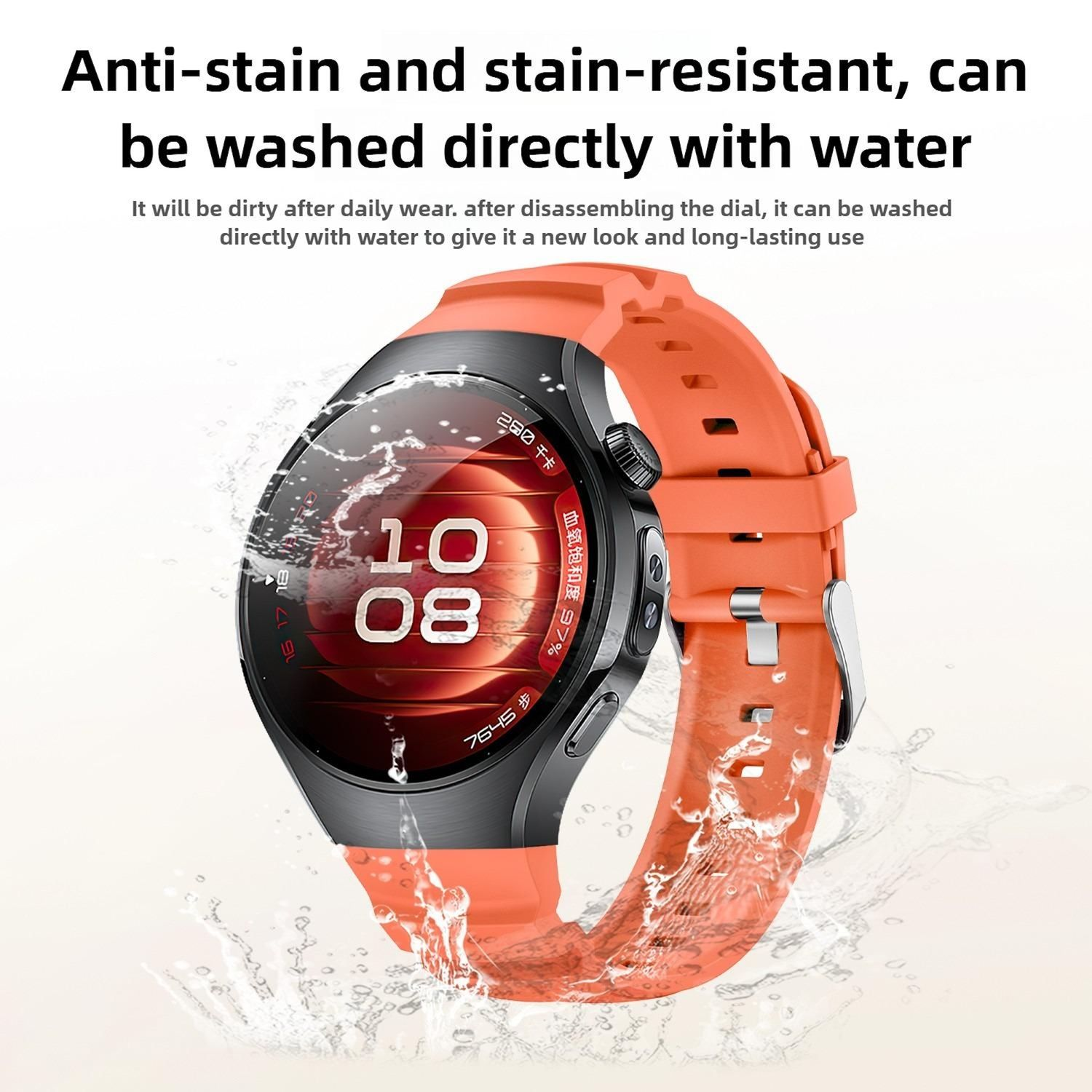Eine orangefarbene Smartwatch mit schwarzem Zifferblatt zeigt die Uhrzeit an. Sie ist von Wassertropfen umgeben. Text oben besagt, dass sie gewaschen werden kann.