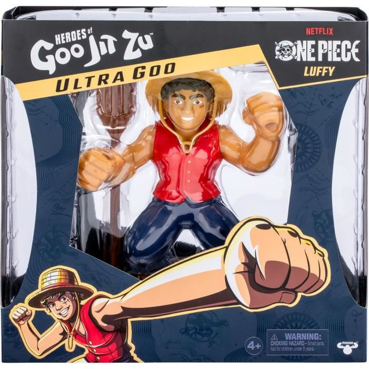 Una figura de acción de Luffy de One Piece, en una caja con el logo de Heroes of Goo Jit Zu. La figura lleva un chaleco rojo y un sombrero de paja.