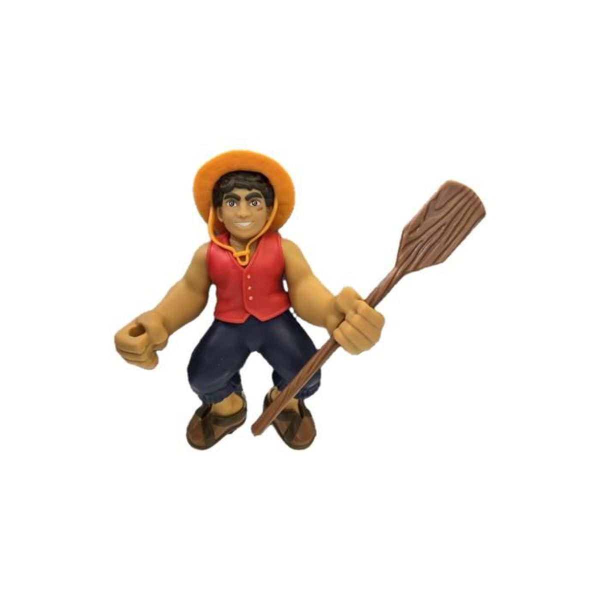 Una figura de un hombre con chaleco rojo y pantalón azul, sosteniendo un remo de madera. Lleva un sombrero amarillo y sandalias marrones.