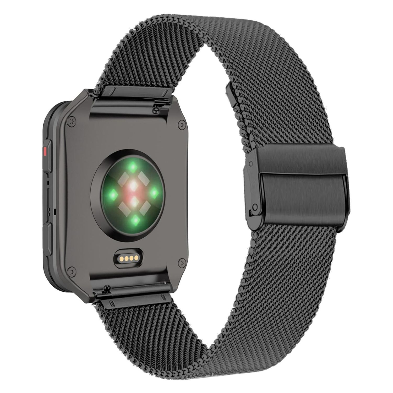 Gezeigt wird eine schwarze Smartwatch mit Mesh-Armband. Die Rückseite der Uhr zeigt einen Herzfrequenzsensor mit grünen und roten Lichtern.