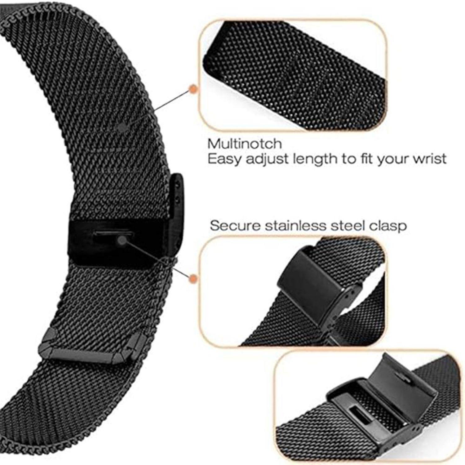 Schwarzes Uhrenarmband mit Mesh-Design und Edelstahlverschluss. Es hat eine Multinoch für einfache Längenanpassung.