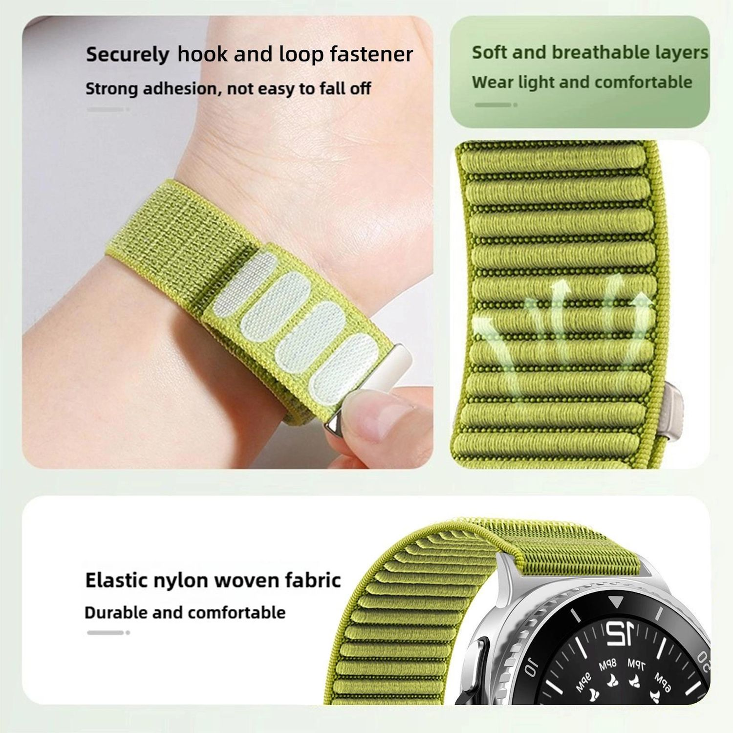 Ein grünes Uhrenarmband mit Klettverschluss befindet sich an einem Handgelenk. Das Armband besteht aus Nylongewebe und ist an einer Uhr befestigt.