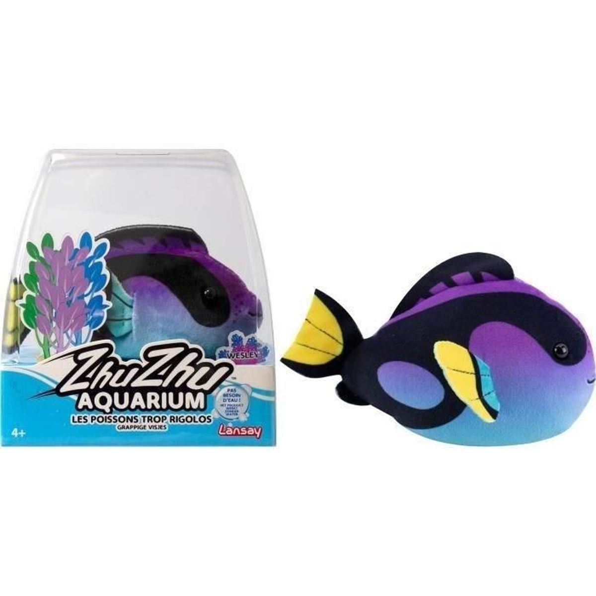 Un pez de juguete, morado y negro, junto a su embalaje. El pez tiene aletas amarillas y está etiquetado como 'Zhu Zhu Aquarium'.