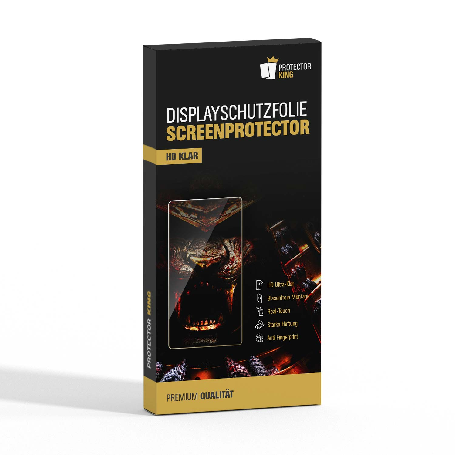 Eine schwarze Box mit Texten wie 'PROTECTOR KING' und 'SCREENPROTECTOR'. Auf der rechten Seite sind Produkteigenschaften aufgelistet.