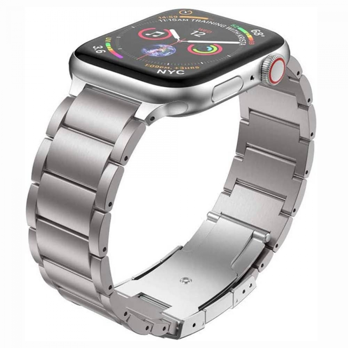 Eine silberne Apple Watch mit Metallband wird gezeigt. Das Zifferblatt zeigt Uhrzeit, NYC-Standort und andere Daten.