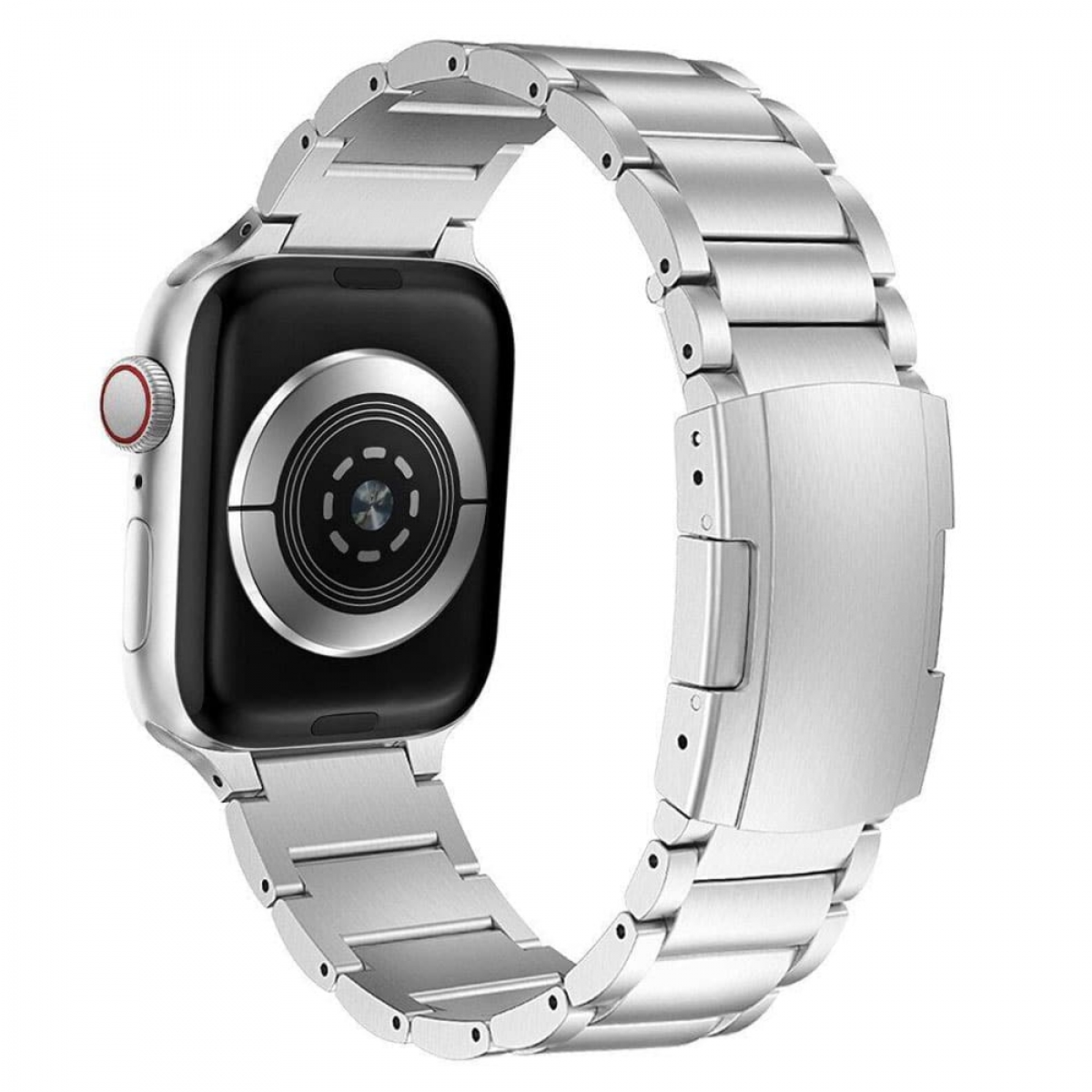 Silberne Apple Watch mit Metallarmband. Die Rückseite der Uhr ist schwarz mit einem kreisförmigen Sensor. Das Armband ist offen.