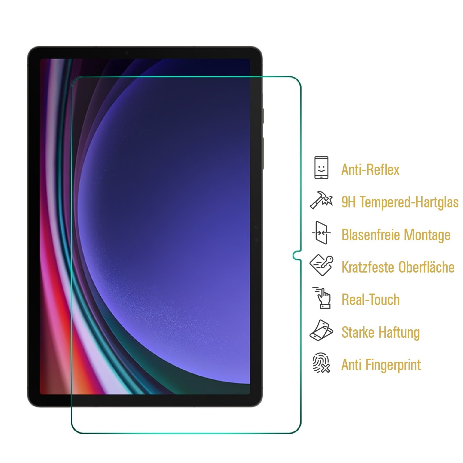 Tablet mit Displayschutzfolie. Eigenschaften: Anti-Reflex, 9H gehärtetes Glas, blasenfreie Montage, kratzfest, Real-Touch, starke Haftung, Anti-Fingerprint.