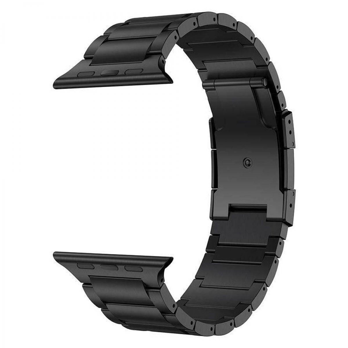 Schwarzes Metall-Uhrenarmband in C-Form, mit Gliedern und Anschlüssen. Es wird vor weißem Hintergrund gezeigt.