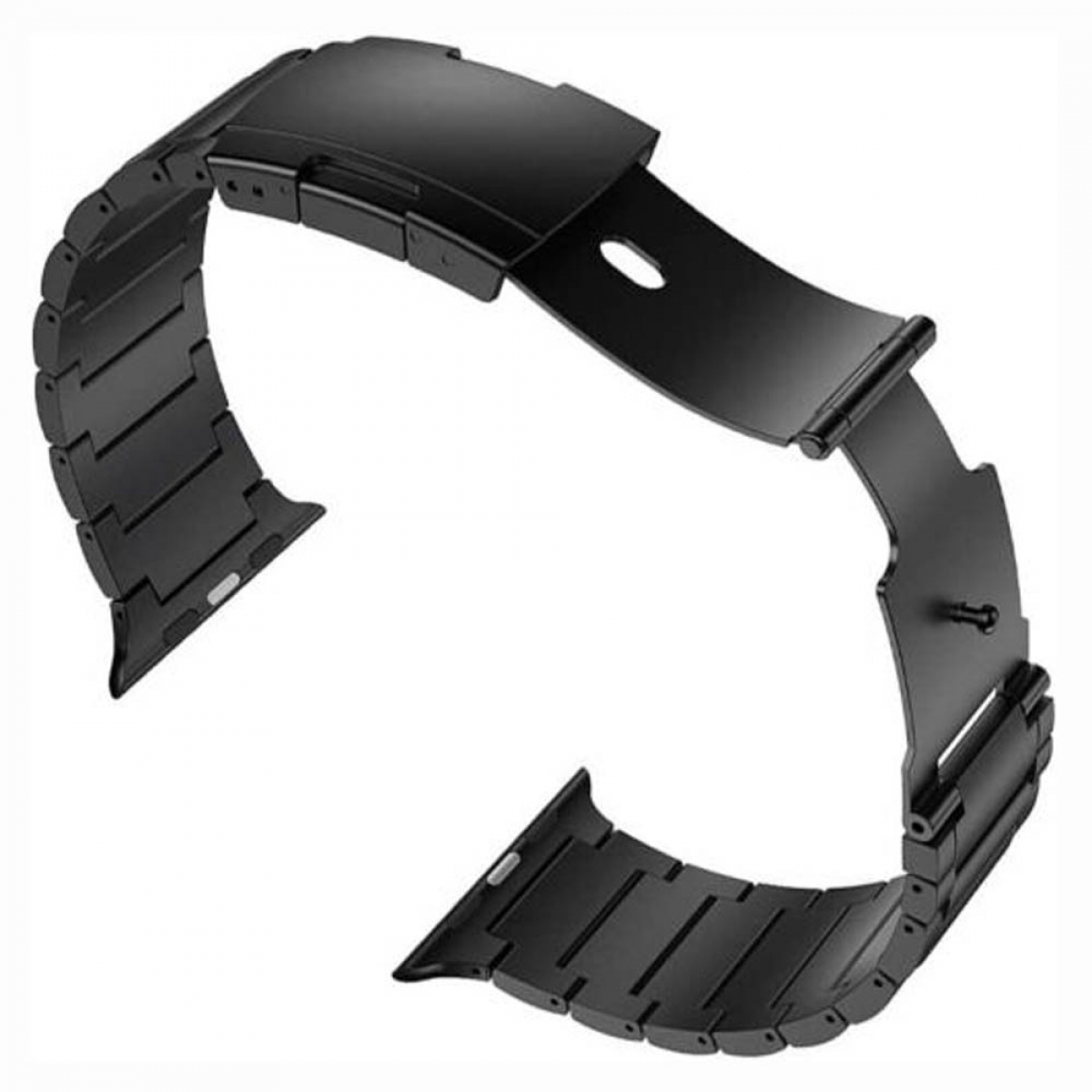 Ein schwarzes Uhrenarmband, gebogen und abgelöst, liegt vor einem weißen Hintergrund. Das Band besteht aus Metallgliedern und hat einen Verschluss.