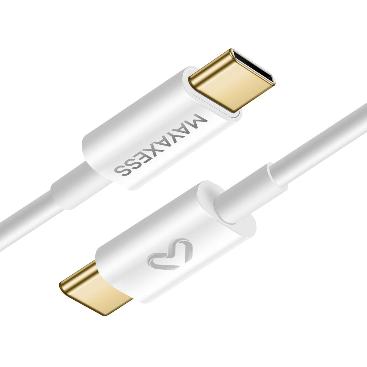 Un cavo USB-C bianco, con marchio MAYAXESS. Connettori dorati su entrambe le estremità. Un'estremità ha un simbolo a cuore. Sfondo bianco.