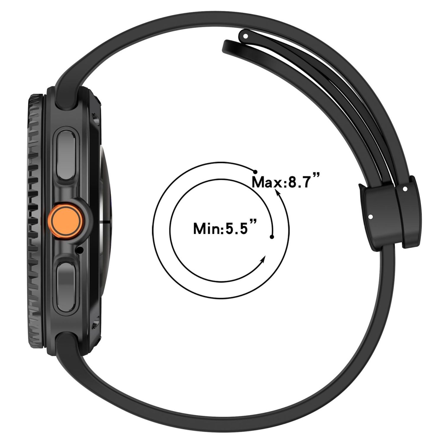 Schwarze Smartwatch mit orangefarbener Taste, schwarzem Armband und Größenbereich von 5,5 bis 8,7 Zoll. Kreisförmiges Design mit Maßangaben.