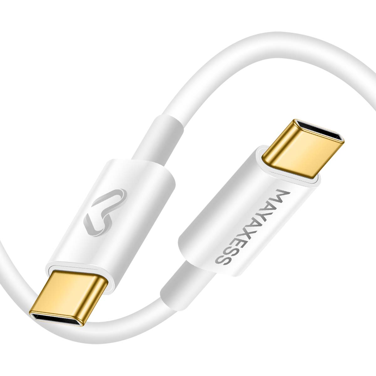 Un cavo USB-C bianco con connettori dorati. Il cavo ha il nome del marchio MAYAXESS.