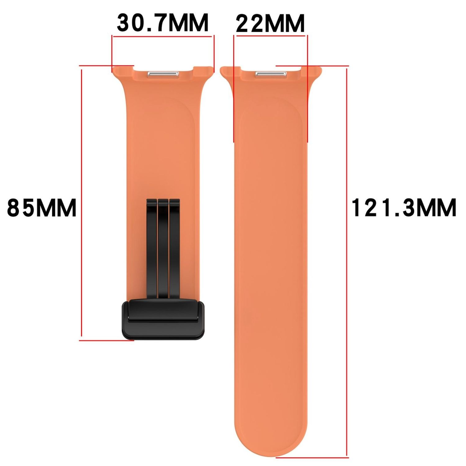 Zwei orangefarbene Uhrenarmbänder mit schwarzen Verschlüssen. Abmessungen sind beschriftet: 30,7 mm, 22 mm, 85 mm und 121,3 mm. Alles vor weißem Hintergrund.
