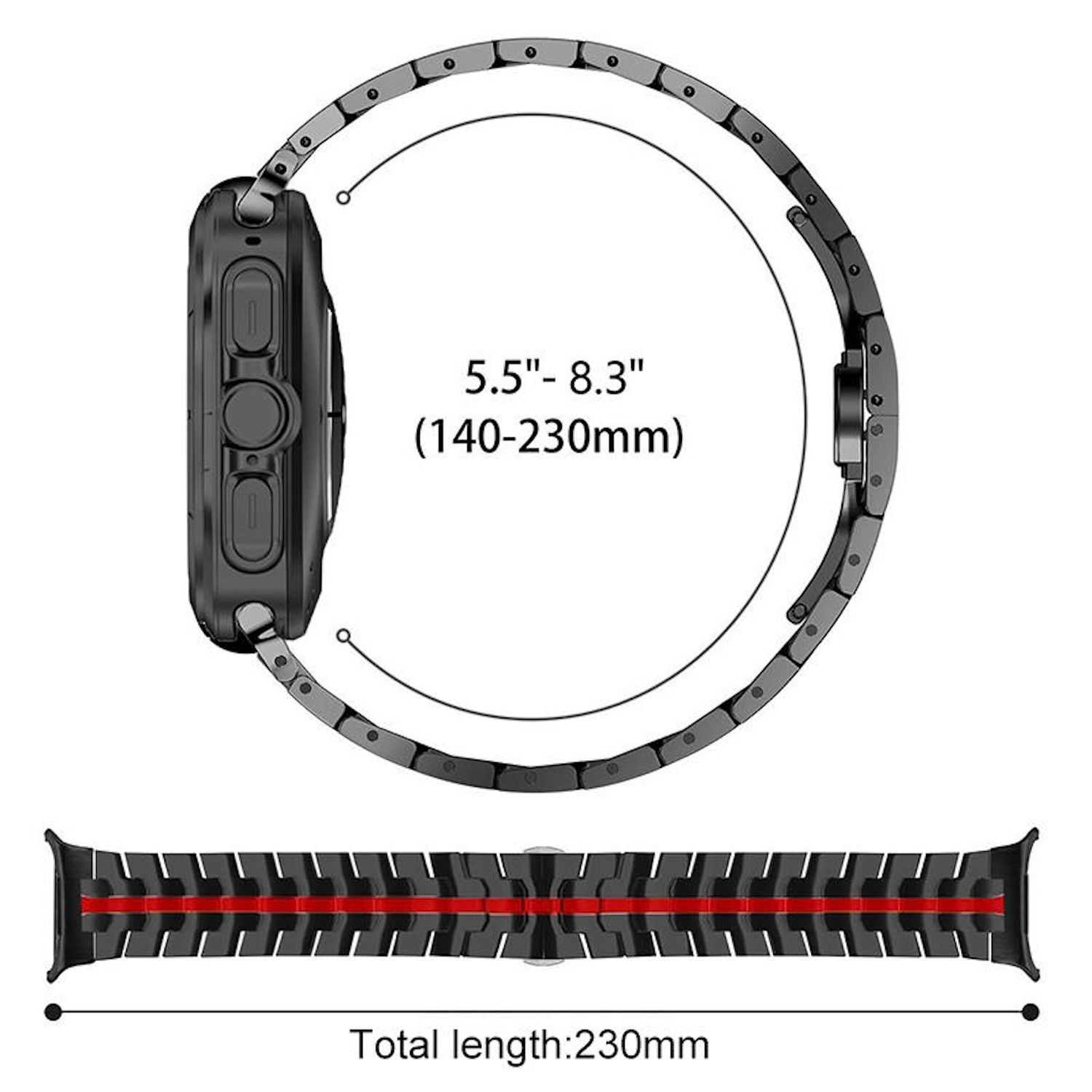 Schwarzes Uhrenarmband mit roten Akzenten. Anzeige zeigt Abmessungen und eine Gesamtlänge von 230 mm. Eine Uhr ist mit dem Band verbunden.