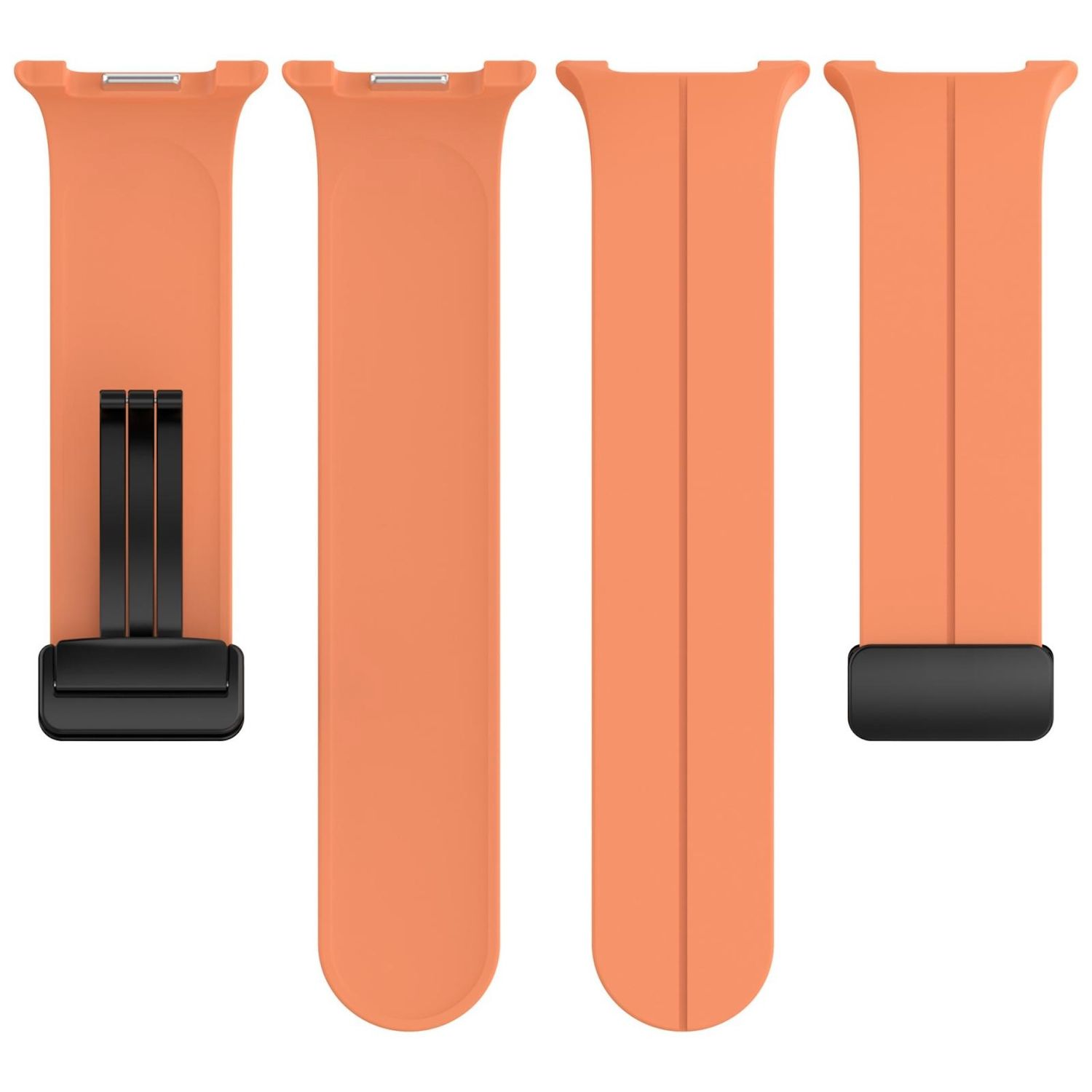 Vier orangefarbene Uhrenarmbänder auf weißem Hintergrund. Zwei Armbänder haben schwarze Verschlüsse. Die anderen sind schlicht.