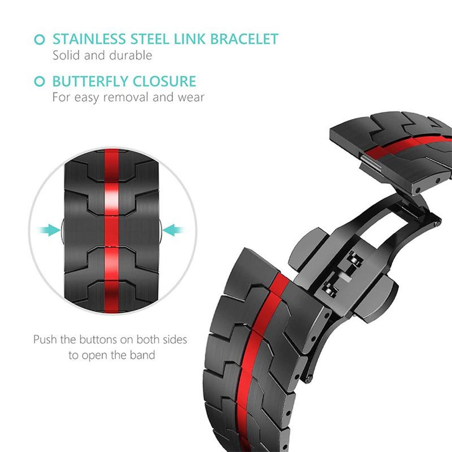 Schwarzes Edelstahl-Uhrenarmband mit rotem Streifen. Mit Butterfly-Verschluss. Text zeigt, wie man das Band öffnet.