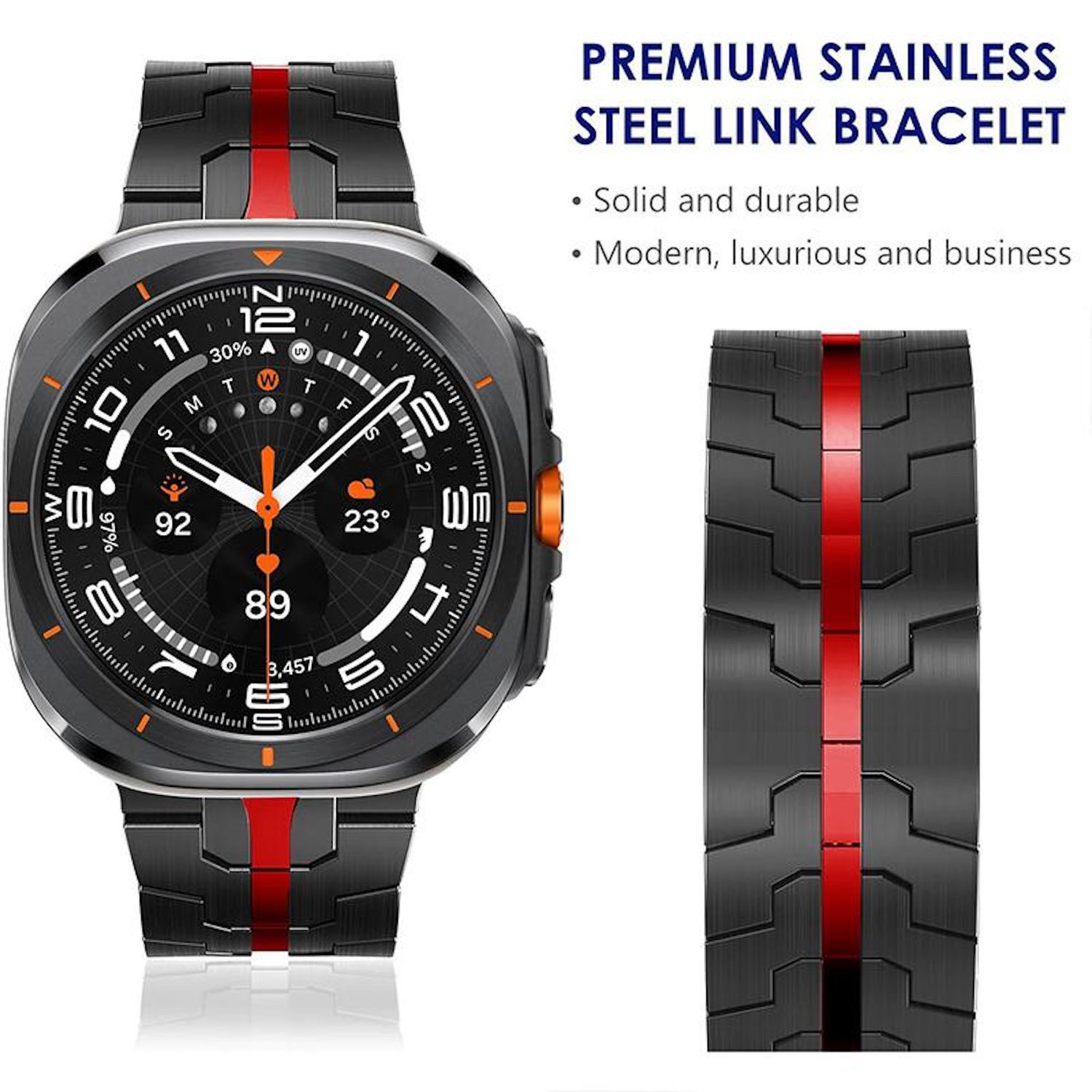 Schwarze Smartwatch mit roten Akzenten. Die Uhr zeigt Zahlen und Daten an. Ein passendes Armband befindet sich rechts. Text sagt 'Premium Edelstahl'.