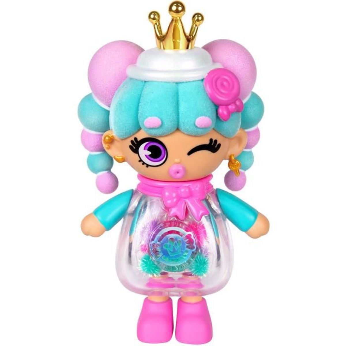 Eine Puppe mit blau-rosa Haaren, goldener Krone, zwinkerndem Auge und rosa Schleife. Sie hat ein klares Kleid mit Design und rosa Stiefel.