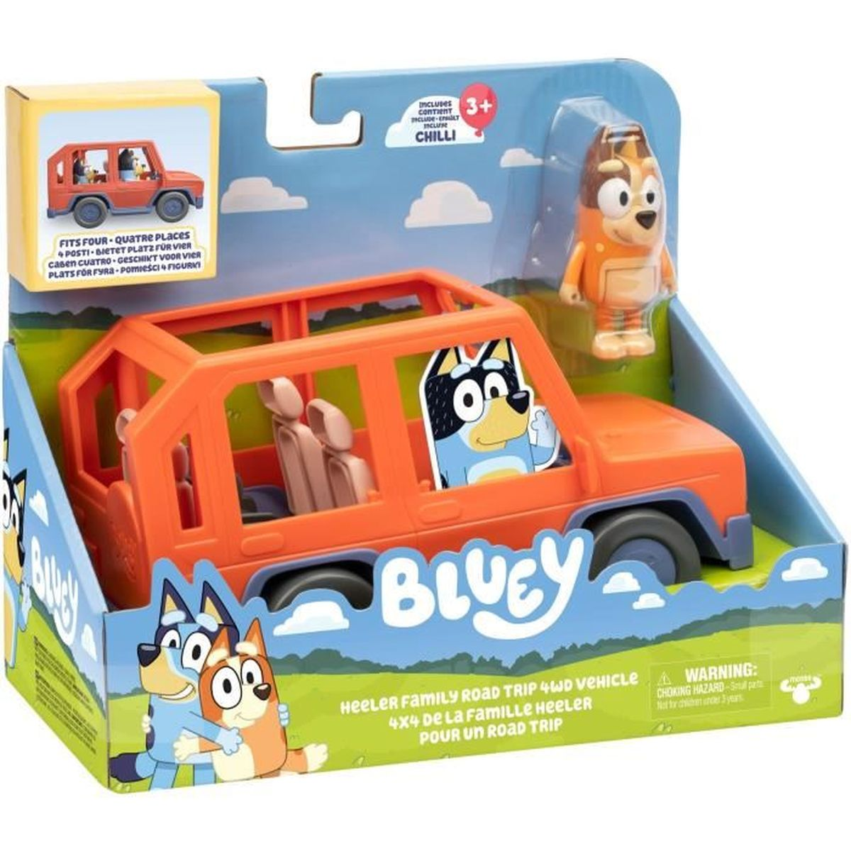 Ein Spielzeugset mit einem orangefarbenen Jeep-ähnlichen Fahrzeug mit Bluey und einer Figur. Die Box enthält Text und Illustrationen von Bluey-Charakteren.