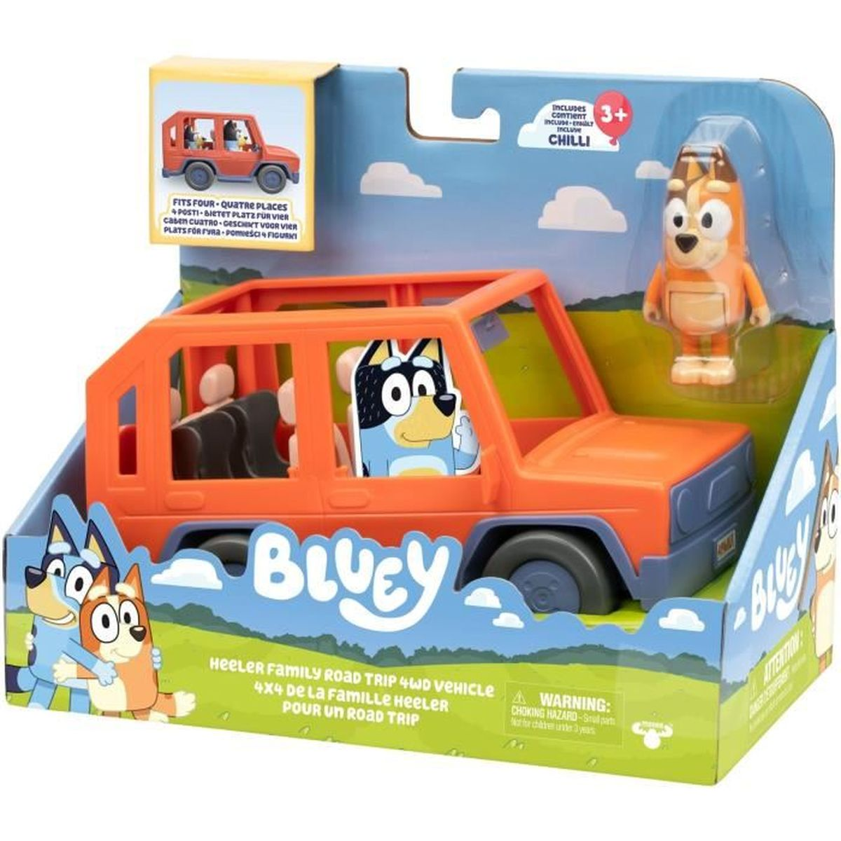 Ein Bluey-Spielzeugset: orangener SUV, Bluey-Figur und Schachtel. Enthält Text: 'Heeler Family Road Trip'.