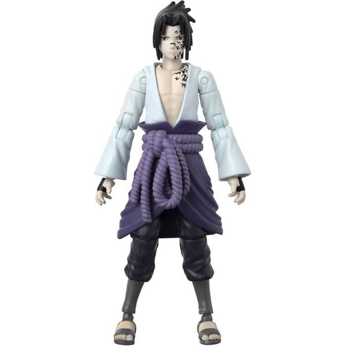 Eine Figur einer Figur aus Naruto. Er hat schwarzes Haar, ein weißes Hemd und eine lila Hose. Es gibt Markierungen auf seinem Gesicht und seiner Brust.