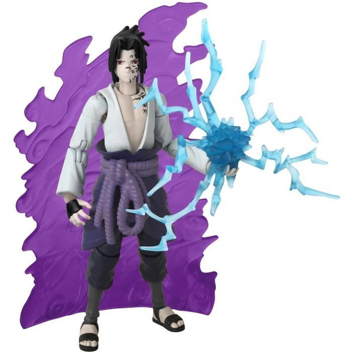 Actionfigur einer Figur mit schwarzen Haaren, die einen blauen Blitz hält. Lila Energie dahinter. Die Figur trägt weiße und schwarze Kleidung.