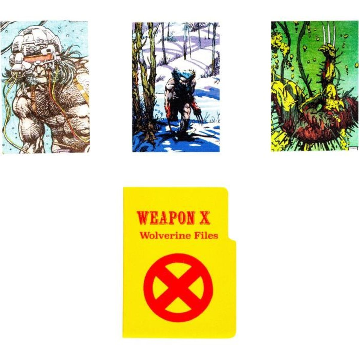 Comic-Panels: Wolverine mit Helm, im Schnee und greifend. Eine gelbe Akte mit rotem X und "Weapon X".