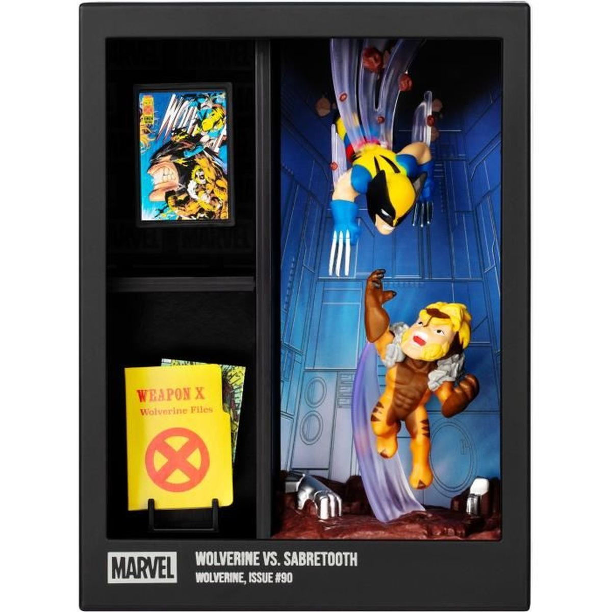 Eine Ausstellung von Wolverine- und Sabretooth-Figuren, einem Comic-Cover und Wolverine-Dateien. Die Szene spielt vor blauem Hintergrund.