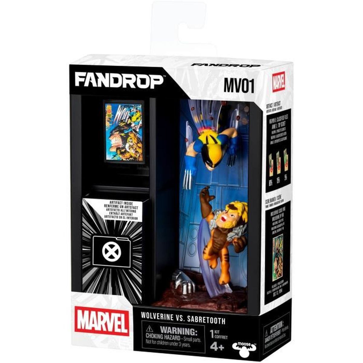 Eine Marvel Fandrop-Box mit Wolverine- und Sabretooth-Figuren. Die Box enthält Bilder der Charaktere und Warnhinweise auf der Vorderseite.
