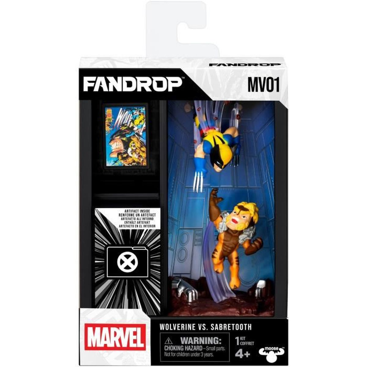 Ein Marvel Wolverine vs. Sabretooth Spielzeugset. Wolverine- und Sabretooth-Actionfiguren befinden sich in der Box. Die Verpackung sagt Marvel.