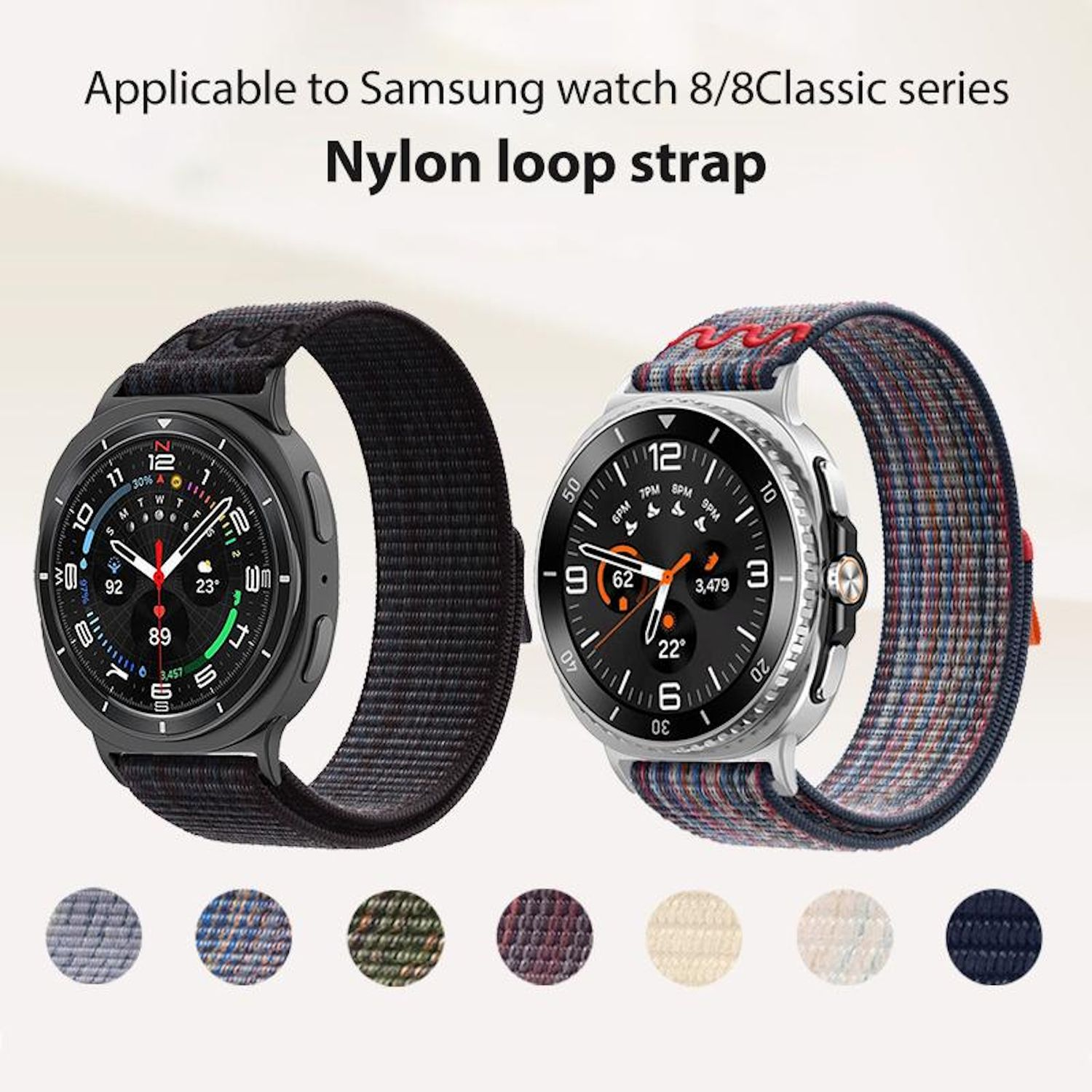 Zwei Smartwatches mit Nylonschlaufenbändern werden gezeigt. Eine ist schwarz, die andere silber. Unten sind mehrere Farboptionen für die Armbänder dargestellt.