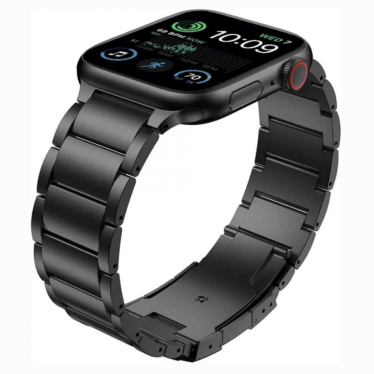 Eine schwarze Smartwatch mit Metallband zeigt Zeit und Gesundheitsmetriken an. Die Uhr hat einen schwarzen Bildschirm und eine rote Krone.