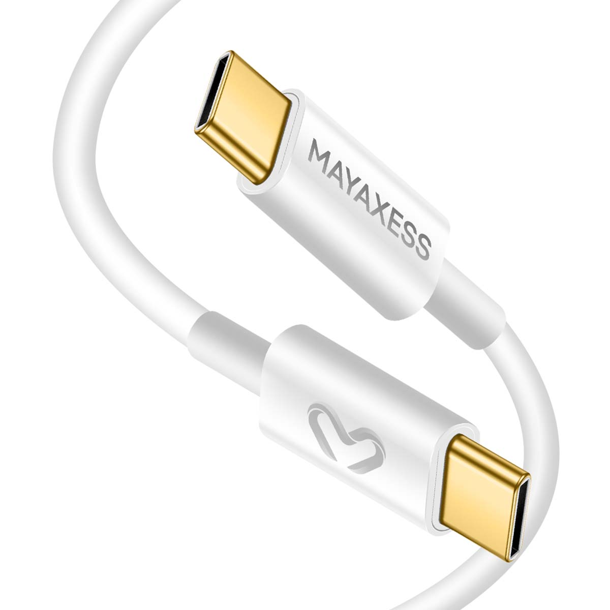 Cavo USB-C bianco con connettori dorati. Sul cavo è stampato il marchio "MAYAXESS" su un connettore.