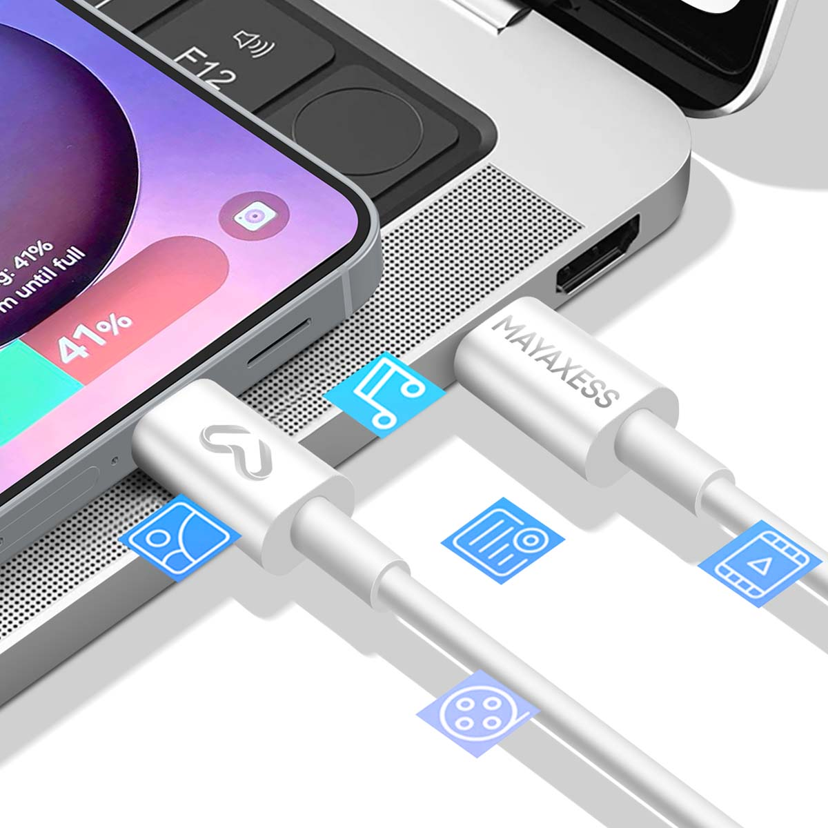 Un telefono in carica con un cavo bianco. Il telefono mostra il 41% di batteria. Un laptop è sullo sfondo.