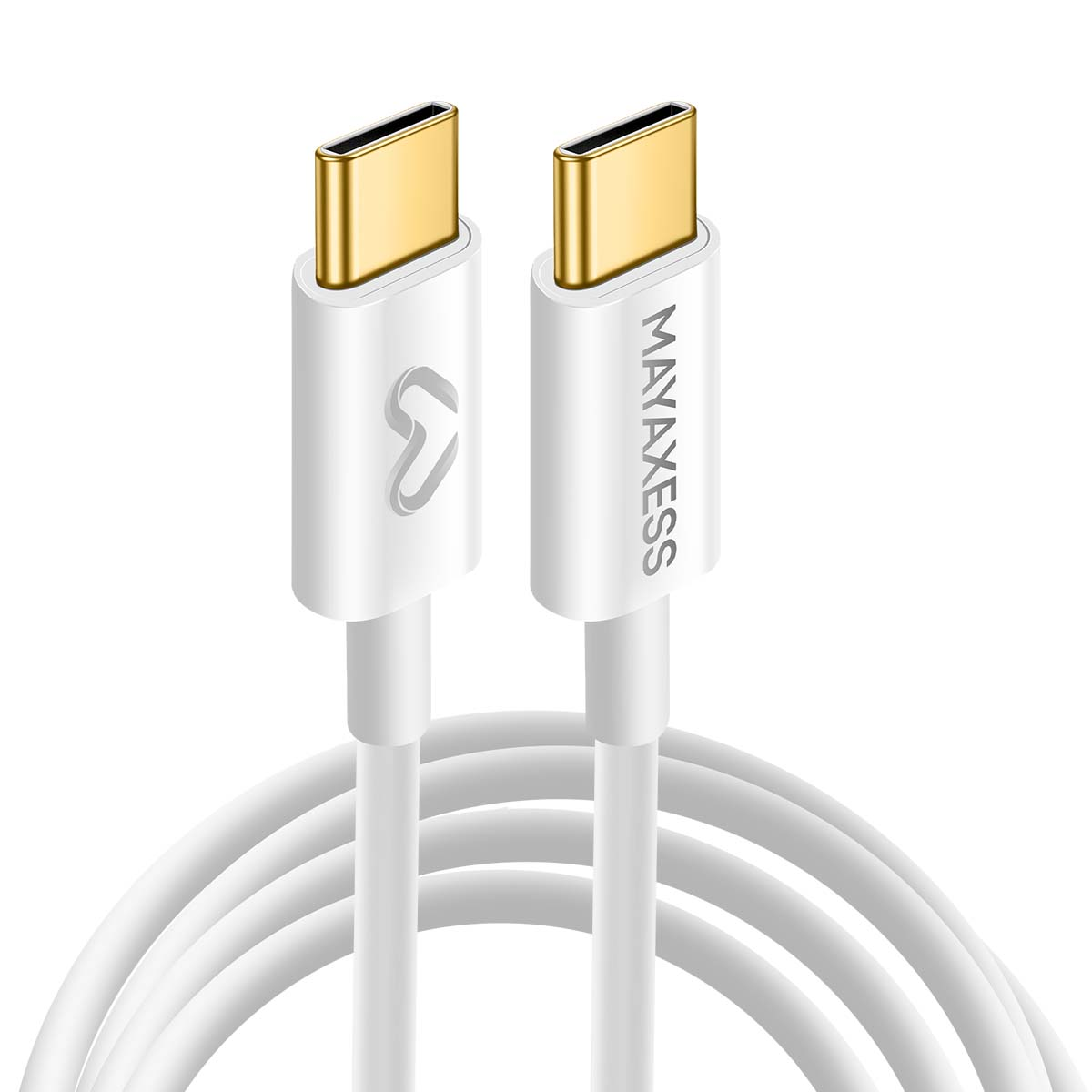 Due cavi USB-C bianchi con connettori dorati. Uno ha il marchio 'MAYAXESS', l'altro un logo.
