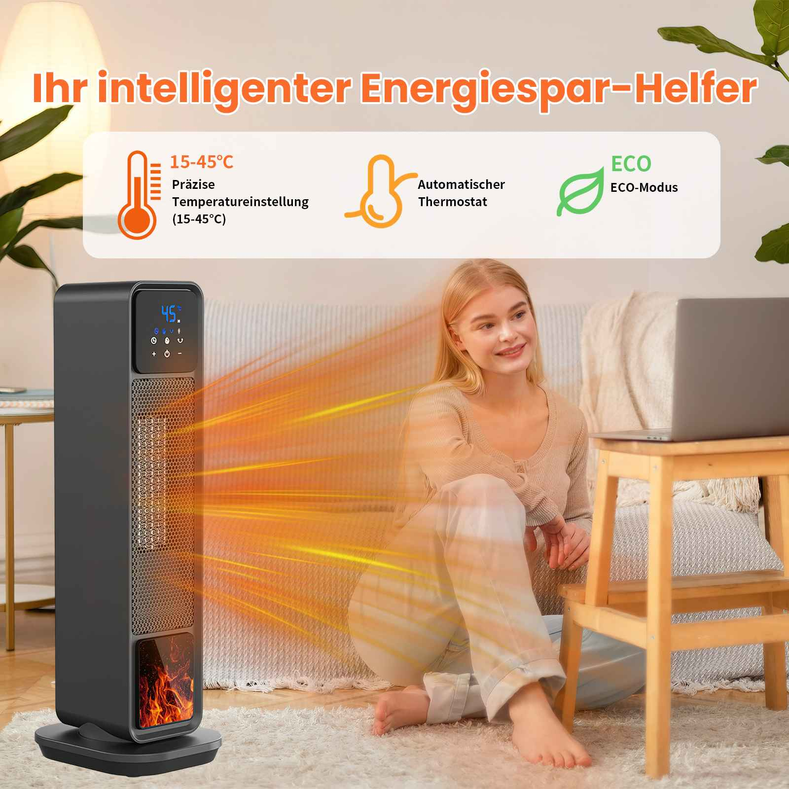 Frau sitzt neben Heizung, mit Laptop. Heizung zeigt 45 Grad. Symbole zeigen Temperaturregelung und ECO-Modus.