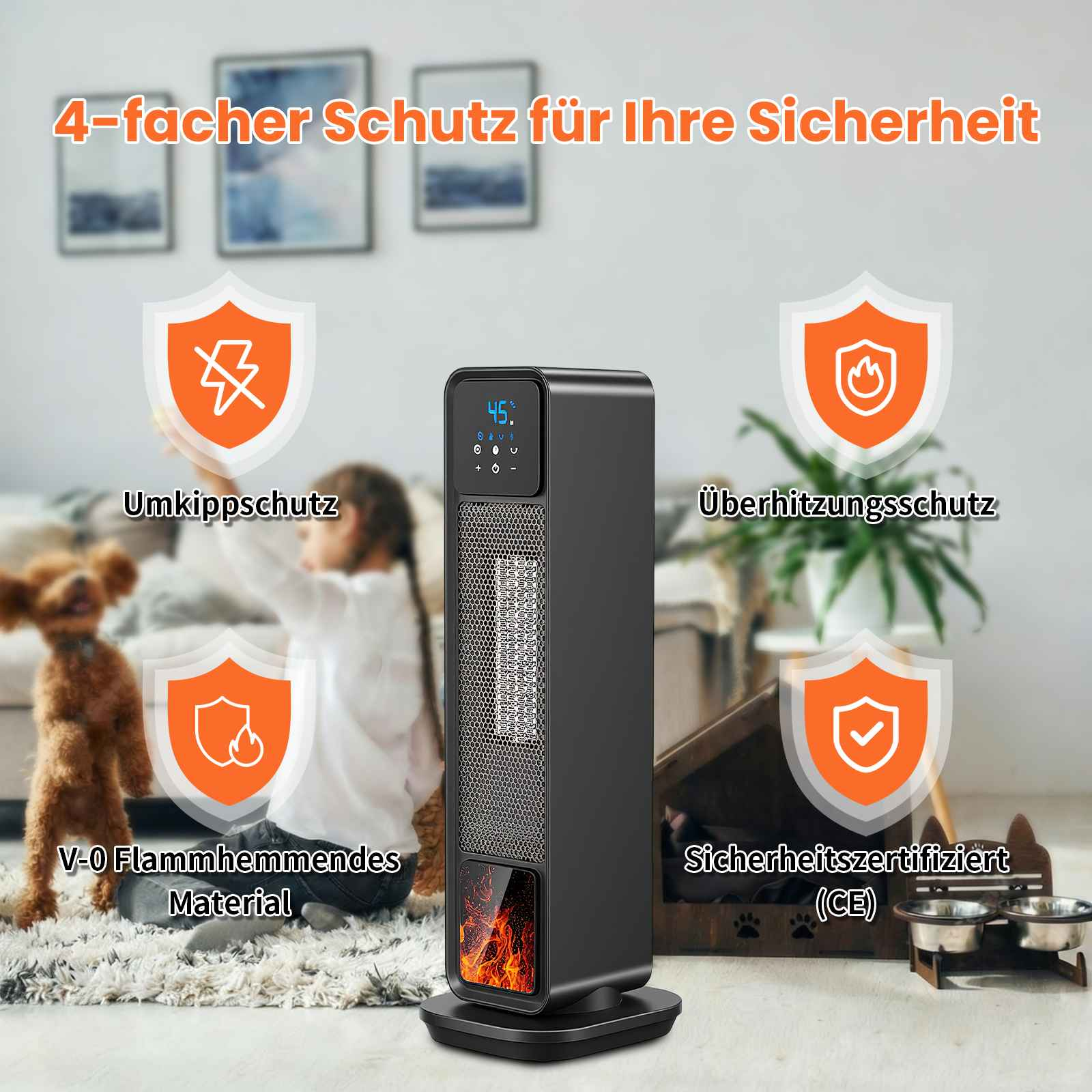 Ein schwarzer Heizlüfter mit Digitalanzeige. Sicherheitsmerkmale werden angezeigt. Kind und Hund sind im Hintergrund zu sehen.