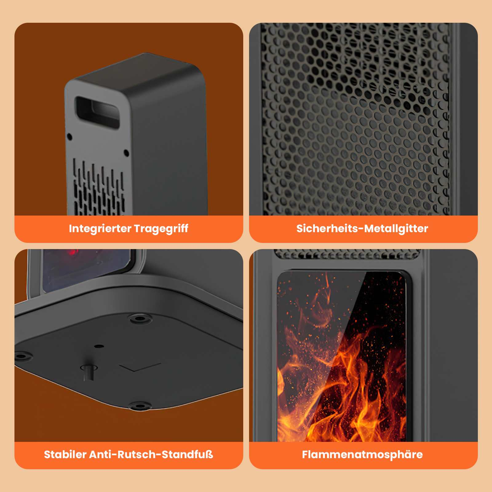 Das Bild zeigt Details eines schwarzen Heizgeräts. Abschnitte zeigen einen Griff, ein Metallgitter, eine rutschfeste Basis und eine Flammendarstellung.
