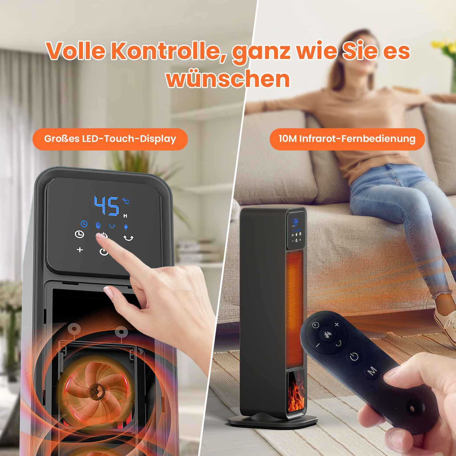 Ein geteiltes Bild zeigt eine Heizung mit Touch-Display und Fernbedienung. Eine Person berührt das Display. Eine andere Person hält die Fernbedienung.